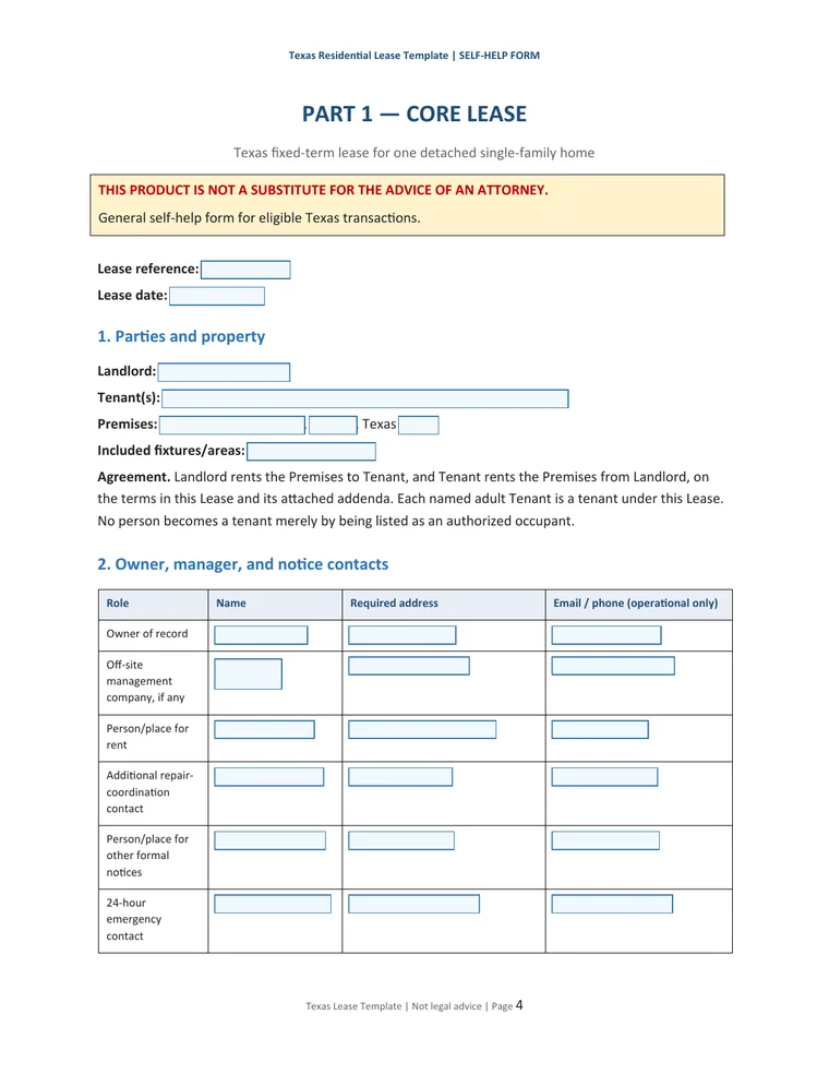 Preview of the core Texas residential lease page