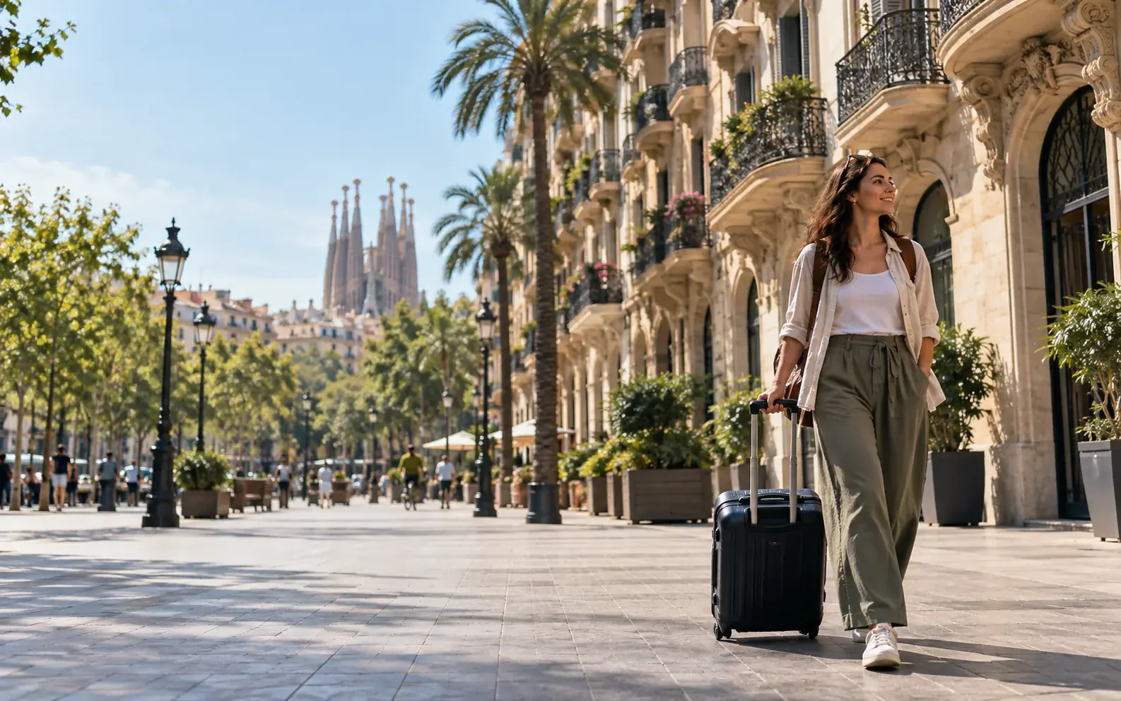 Traveler walking through Barcelona with the Sagrada Familia in view