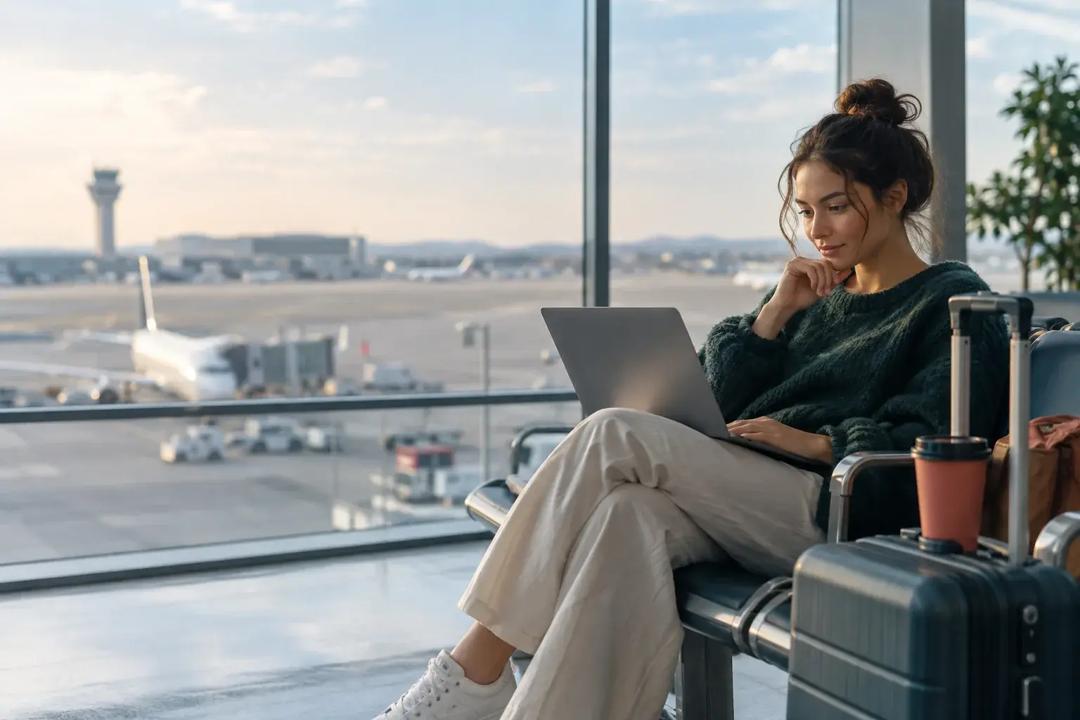 Traveller comparing flight options before departure