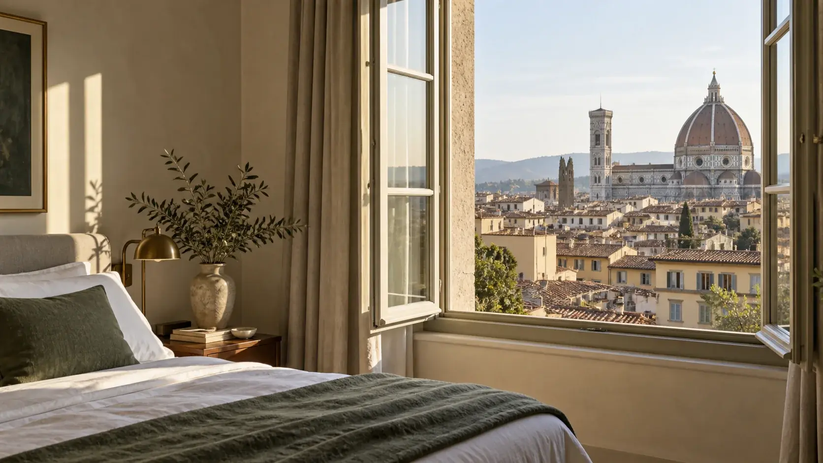 Sunlit guest room overlooking Florence rooftops