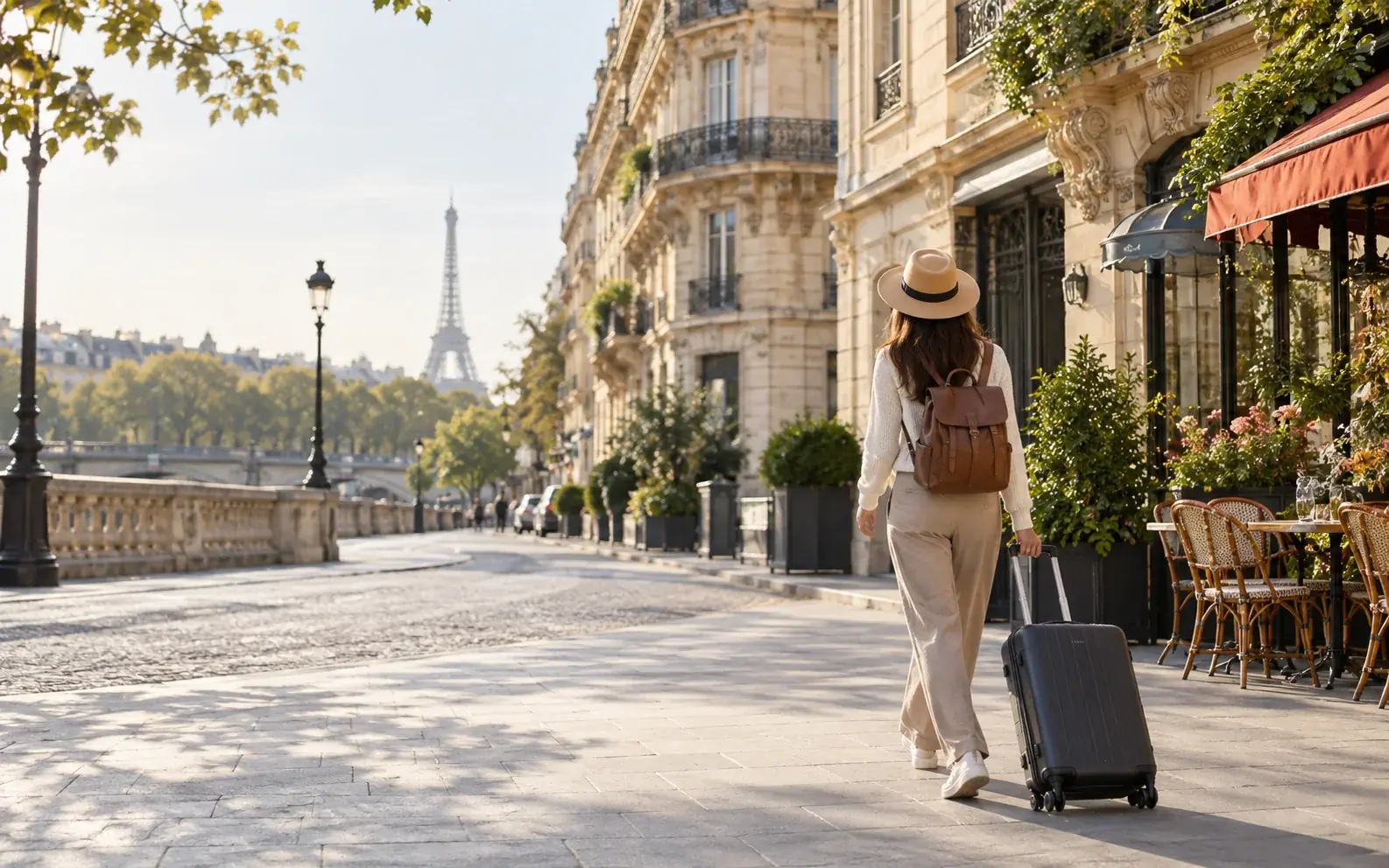 Traveler walking through Paris with the Eiffel Tower in view